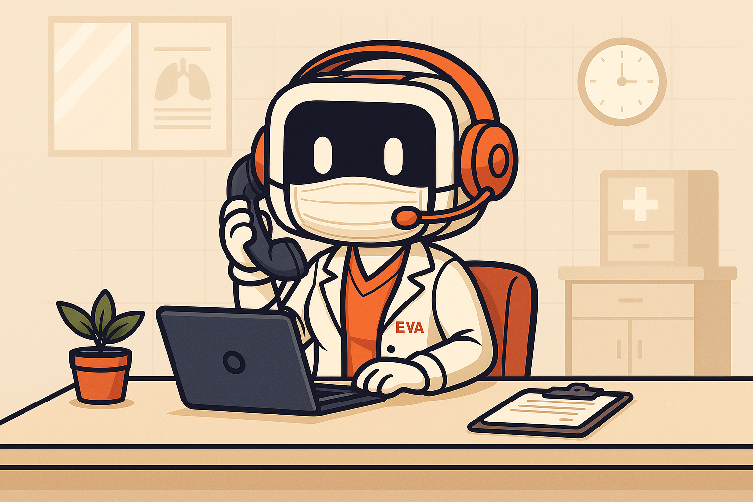 AI Voice Receptionist illustration showing a robot with headphones answering calls