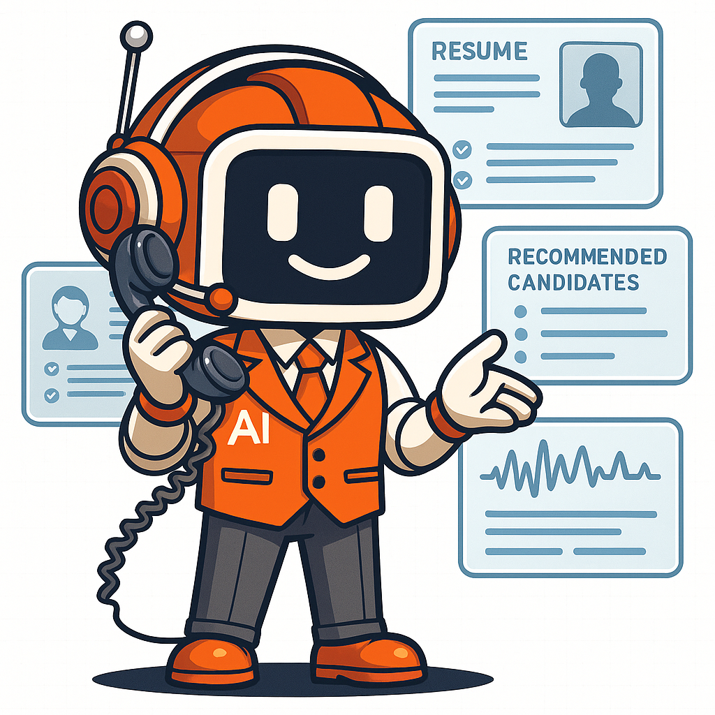 AI Recruiting Assistant illustration showing a robot reviewing resumes and candidate profiles
