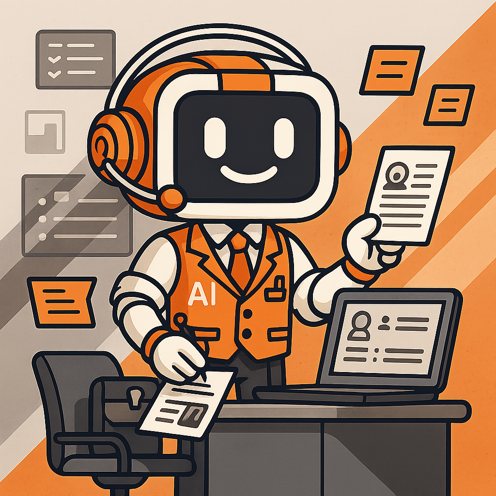 AI Sales Training illustration showing a robot in an orange vest with headphones providing coaching